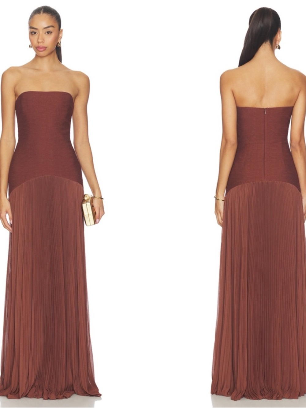 ALEXIS Sunniva Strapless Pleated Drop Waist Brown Maxi Dress Size Small - Picture 3 of 10